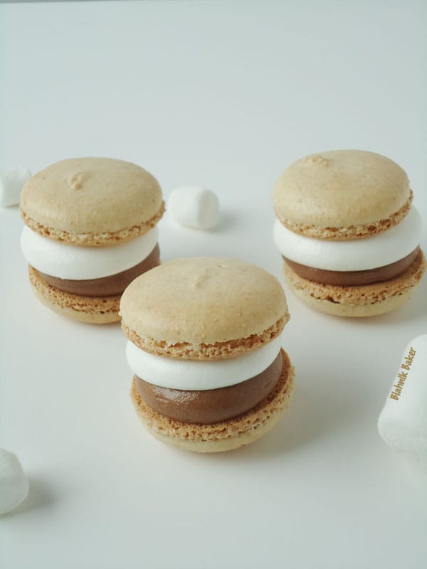 Close-up of S'mores Macarons with graham cracker shells and creamy fillings