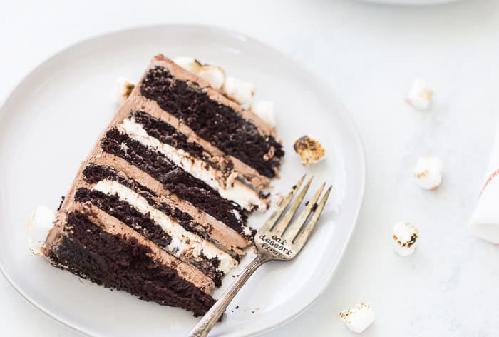Six-Layer Chocolate Cake with Toasted Marshmallow Filling