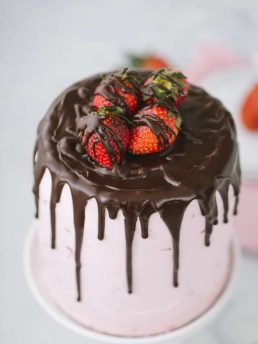 This dark chocolate strawberry cake is a great summer celebration cake for the chocolate and strawberry lovers alike. A decadent dark chocolate cake is filled with a light and fluffy fresh strawberry buttercream.