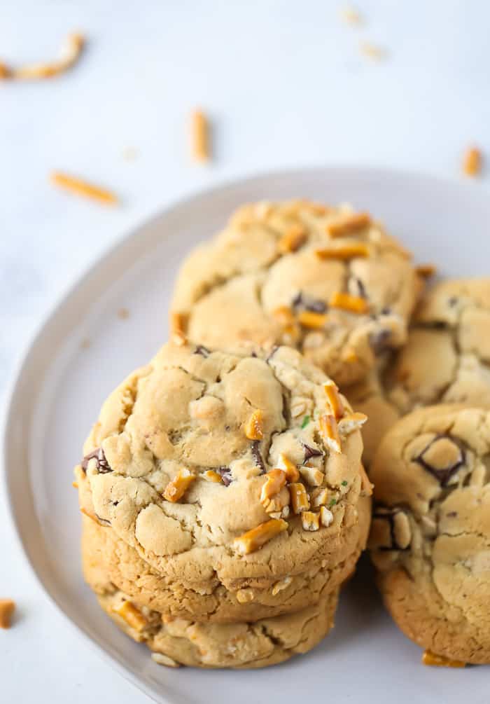 Butterscotch Pretzel Chocolate Chip Cookies on a white plate.