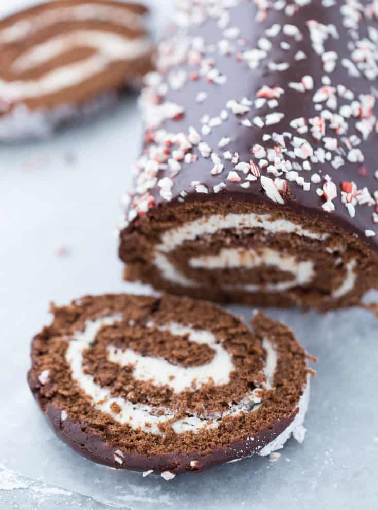 A classic chocolate genoise cake and peppermint frosting makes this peppermint chocolate roll cake an instant holiday favorite. 