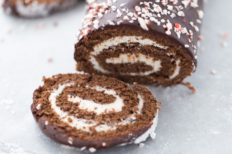 A classic chocolate genoise cake and peppermint frosting makes this peppermint chocolate roll cake an instant holiday favorite. 