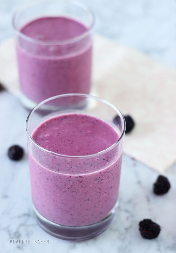 A healthy and filling black raspberry smoothie with a protein boosting secret ingredient!