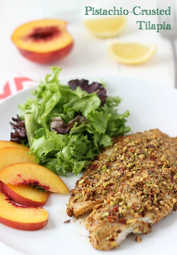 Pistachio Crustred Tilapia and Peach Salad