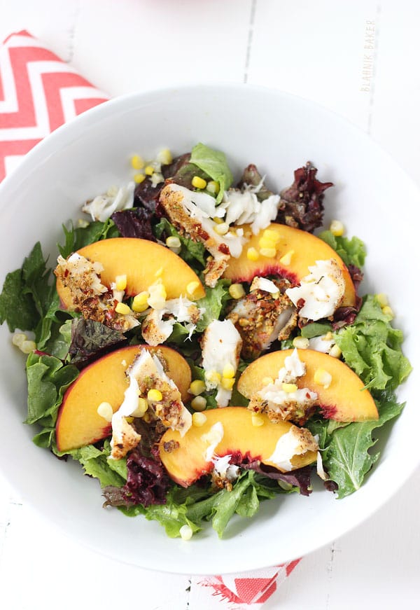 Pistachio Crustred Tilapia and Peach Salad