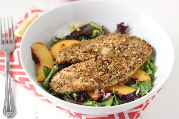 Pistachio Crustred Tilapia and Peach Salad