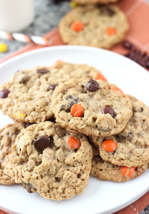 Halloween Monster Cookies- chewy crunchy peanut butter oatmeal cookies!