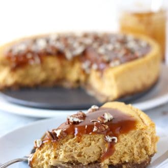 Pumpkin Pecan Cheesecake with Salted Caramel Sauce
