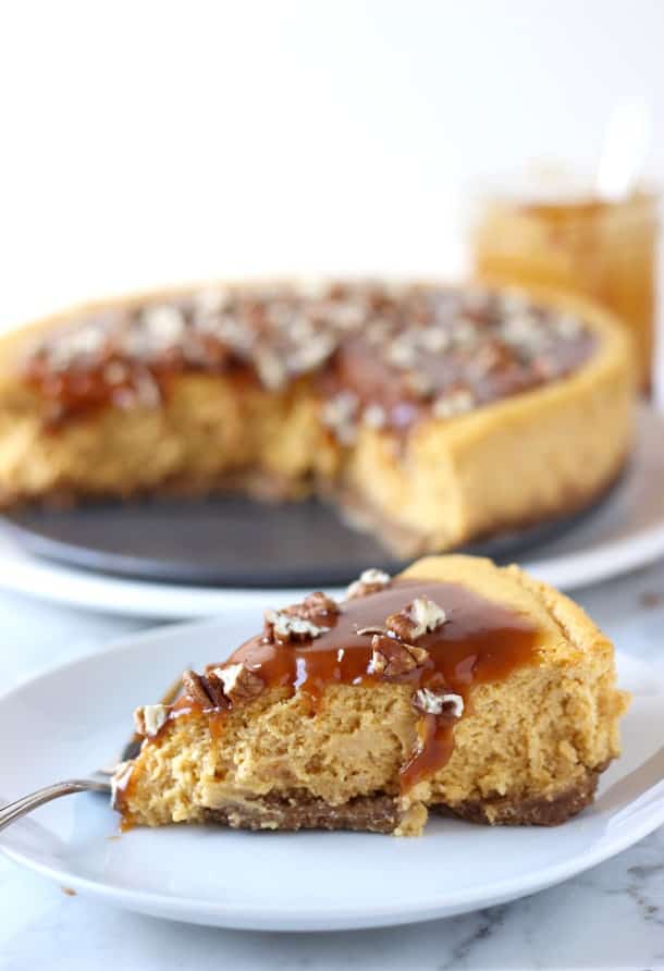 Pumpkin Pecan Cheesecake with Salted Caramel Sauce