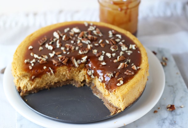 Pumpkin Pecan Cheesecake with Salted Caramel Sauce