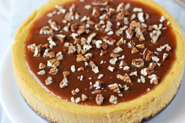 Pumpkin Pecan Cheesecake with Salted Caramel Sauce