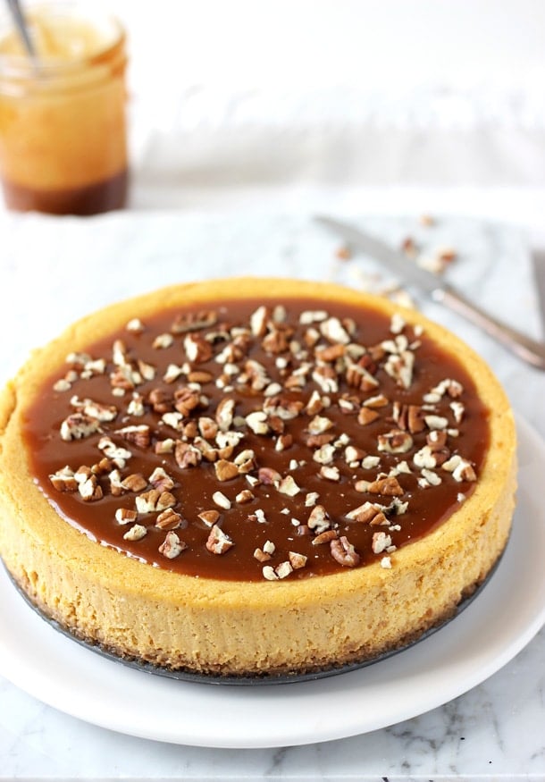 Pumpkin Pecan Cheesecake with Salted Caramel Sauce