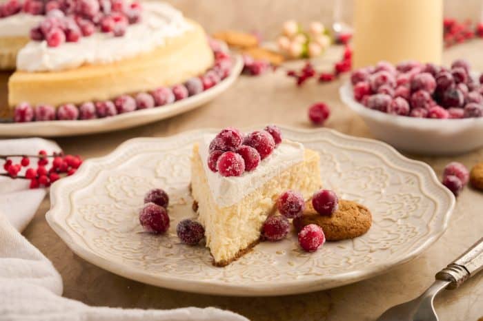 Creamy eggnog cheesecake with a spiced gingersnap crust... you are going to want this decadent dessert this holiday season!