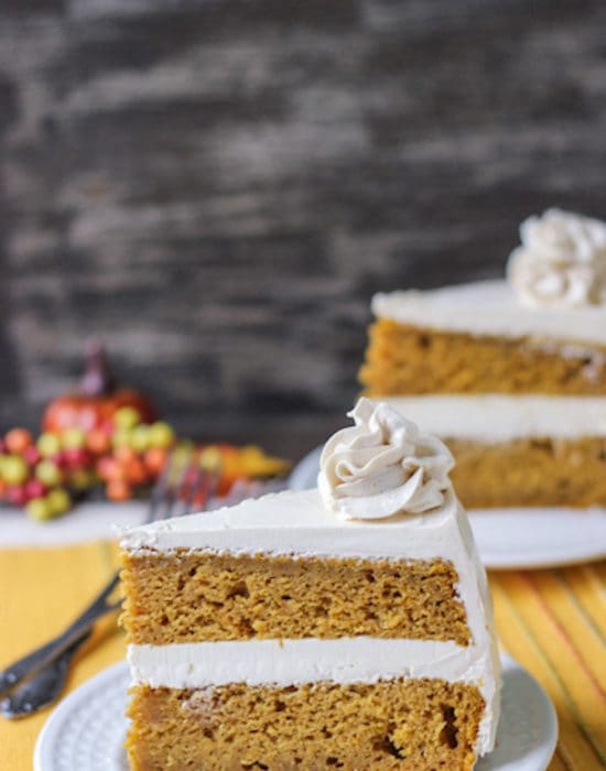 Spiced Pumpkin Cake with Brown Sugar Frosting - Sure to become one of your favorite Thanksgiving desserts!