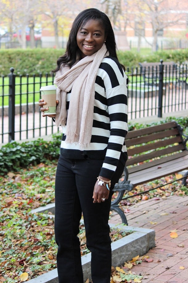 Black and white hot sale striped sweater outfit