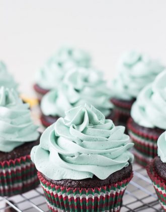 Rich chocolatey cupcakes with mint chocolate morsels!