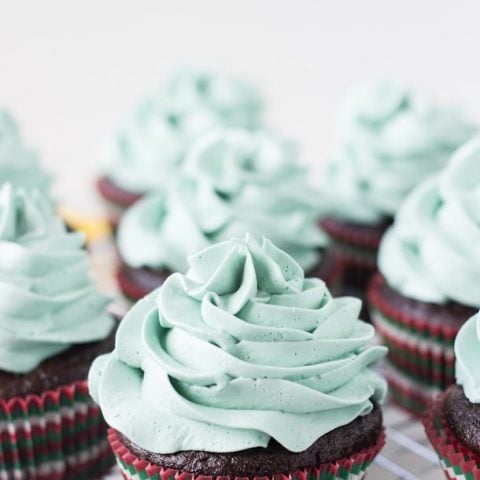 Rich chocolatey cupcakes with mint chocolate morsels!