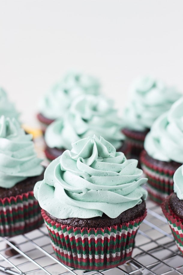 Rich chocolatey cupcakes with mint chocolate morsels!