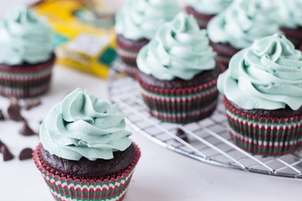 Rich chocolatey cupcakes with mint chocolate morsels!