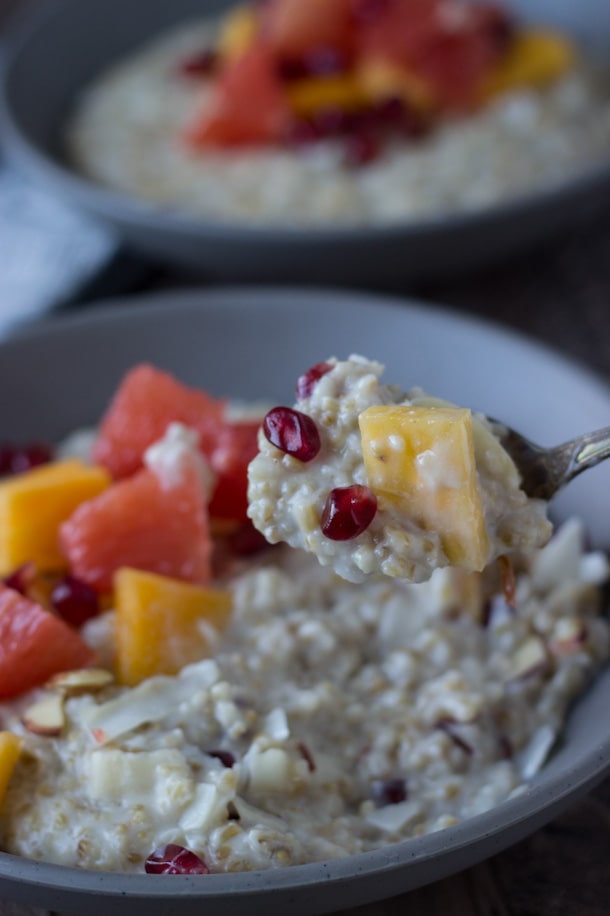 Creamy hearty steel cut oatmeal is a great way to start any day with nutty flavor and lots of fresh winter fruits to keep it exciting! 