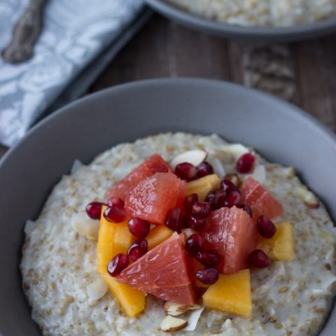 Creamy hearty steel cut oatmeal is a great way to start any day with nutty flavor and lots of fresh winter fruits to keep it exciting!