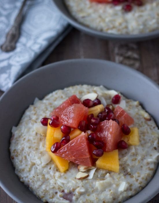 Creamy hearty steel cut oatmeal is a great way to start any day with nutty flavor and lots of fresh winter fruits to keep it exciting!