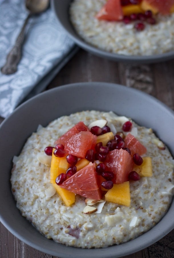 Creamy hearty steel cut oatmeal is a great way to start any day with nutty flavor and lots of fresh winter fruits to keep it exciting! 