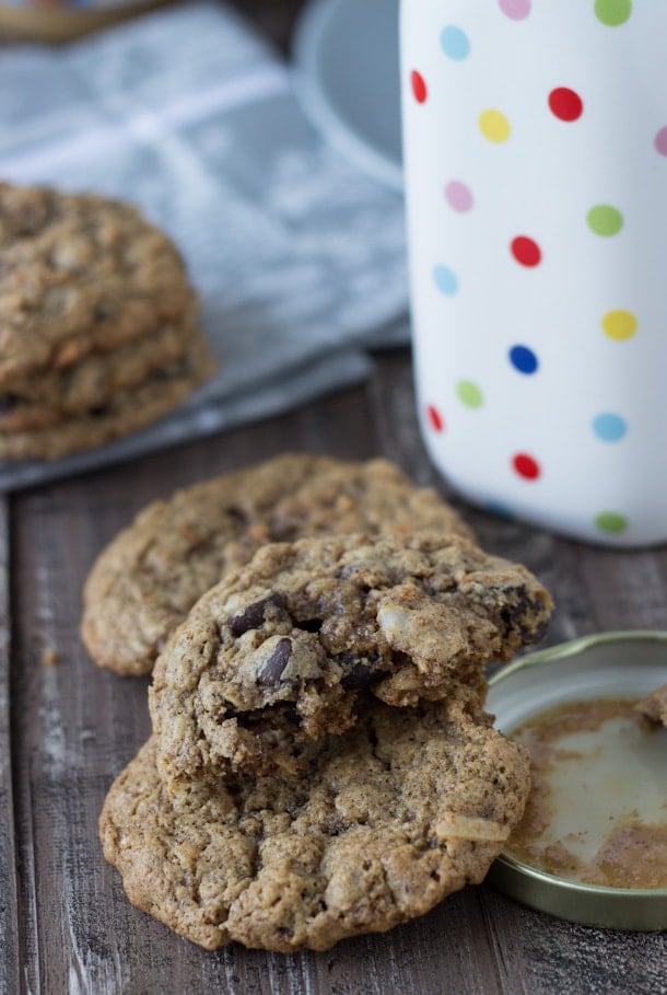 These flourless almond butter chocolate chip oatmeal cookies are soft and chewy and gluten-free! 