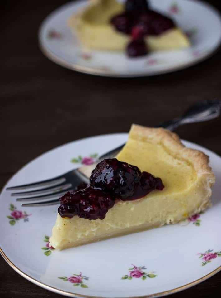 meyer lemon buttermilk pie with blackberry sauce