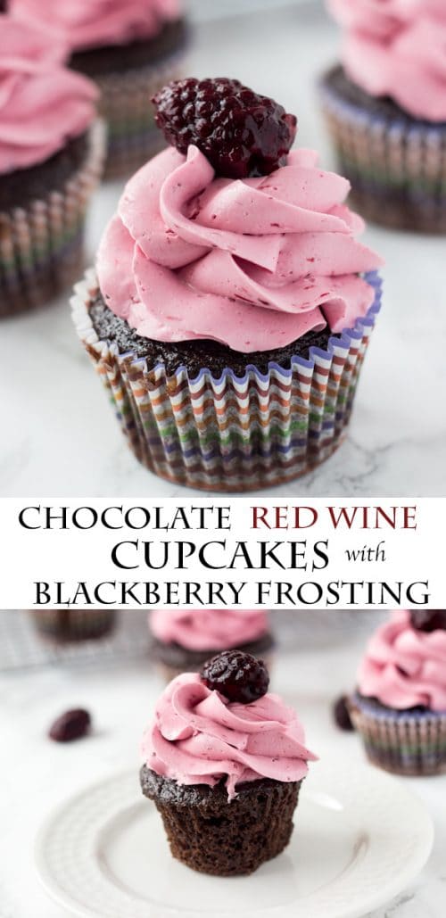 chocolate red wine cupcakes with marionberry frosting