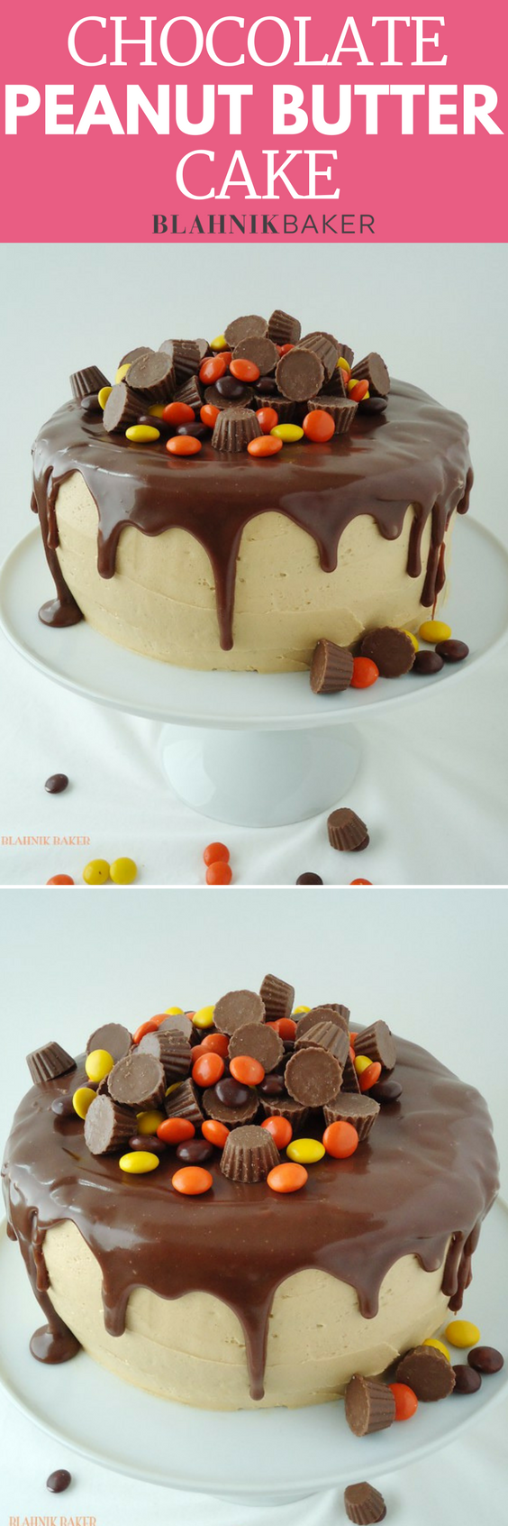 Chocolate peanut butter cake is a peanut lover's dream dessert! A dark chocolate cake recipe with peanut butter frosting makes this chocolate peanut butter cake decadent and delicious!