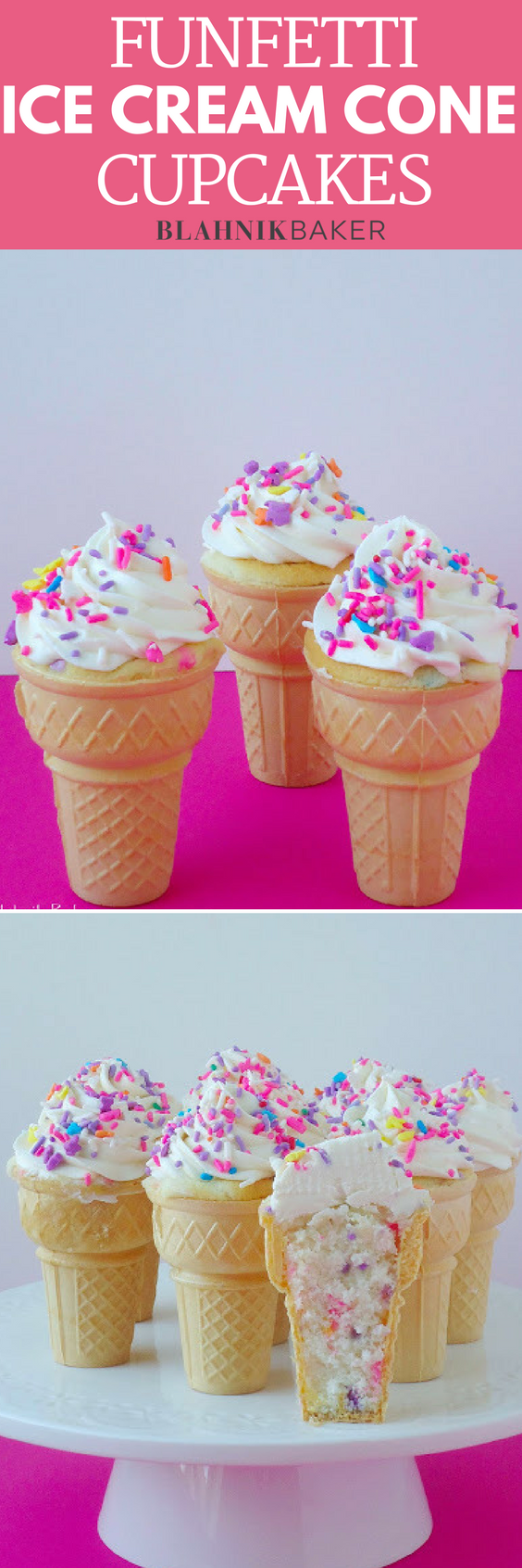 Funfetti ice cream cone cupcakes are a fun summer treat! Fluffy, moist vanilla cupcakes, baked in ice cream cones and topped with vanilla bean frosting.