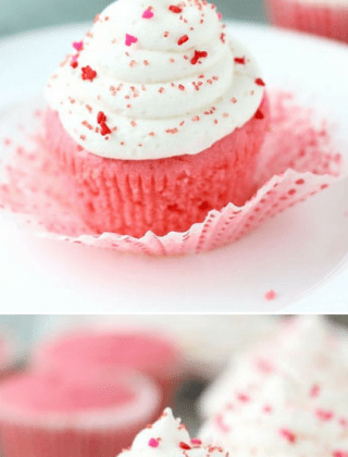 Pink velvet cupcakes start with soft, tender buttermilk cake. It's topped with a tangy cream cheese frosting, giving you a delicious pink velvet cupcake, perfect for your Valentine!