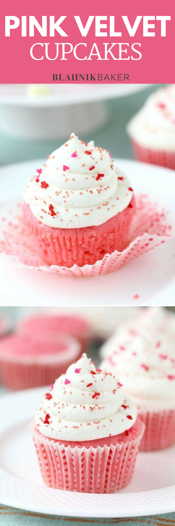 Soft, tender buttermilk cake is topped with tangy cream cheese frosting, creating delicious pink velvet cupcakes, perfect for your Valentine. Recipe's here! #pinkvelvet #cupcakes #babyshower #bridayshower