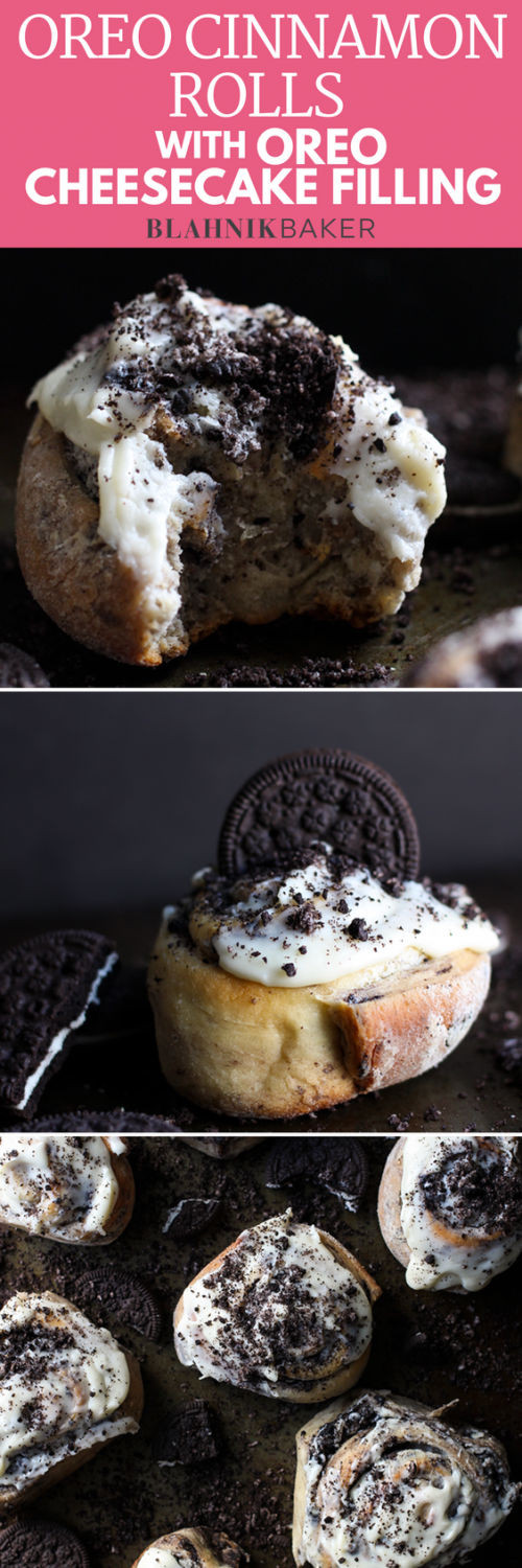 oreo cinnamon rolls with oreo cheesecake filing