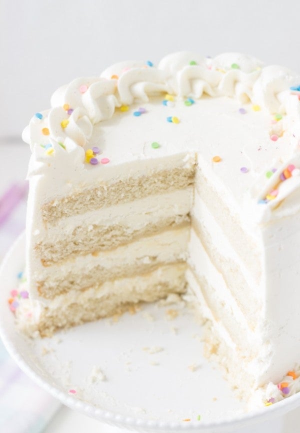 Classic Vanilla Bean White Layer Cake - a soft, fluffy and delicious vanilla cake recipe perfect for any birthday celebration. 