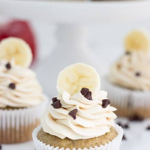 banana cupcake with peanut butter frosting