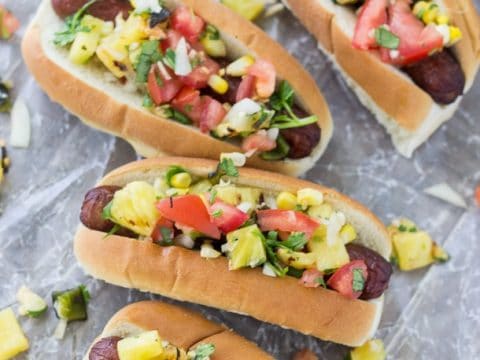 Spicy Grilled Hot Dogs with Bacon Corn Relish - Kitchen Concoctions