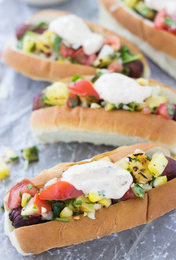 Grilled Hot Dogs with Pineapple-Pepper Relish