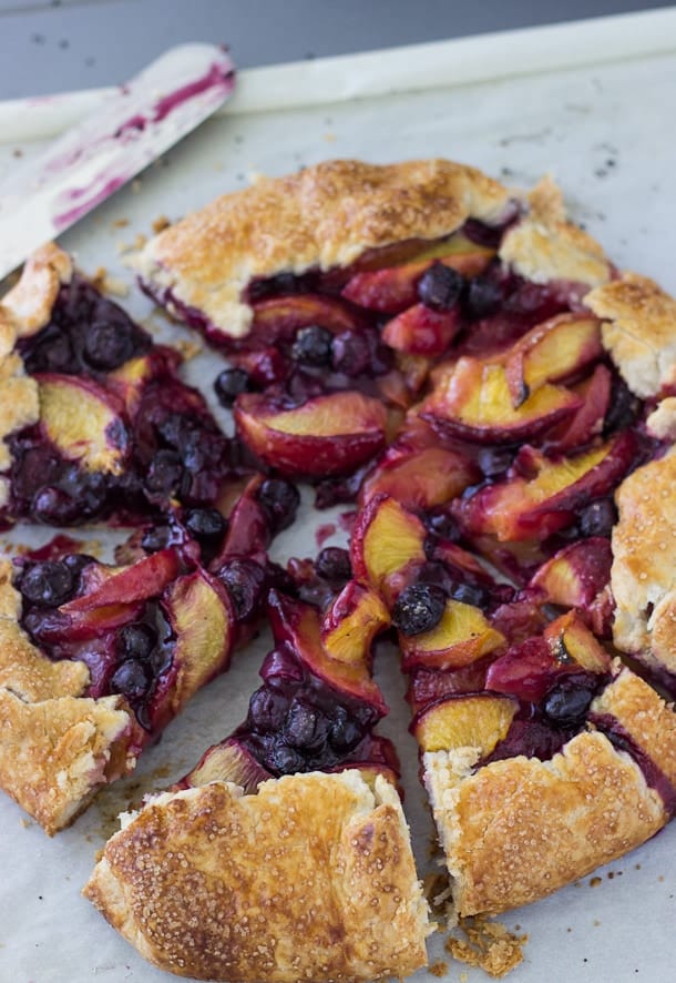 This peach blueberry galette is sweet and juicy with a tender, buttery crust and a warm filling of baked peaches and blueberries. 