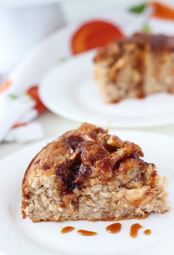 This caramel apple crumb cake starts with a cinnamon crumb cake that is light, and is filled with chopped apples and swirls of cinnamon and caramel.
