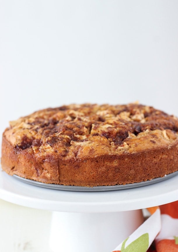 This caramel apple crumb cake starts with a cinnamon crumb cake that is light, and is filled with chopped apples and swirls of cinnamon and caramel.