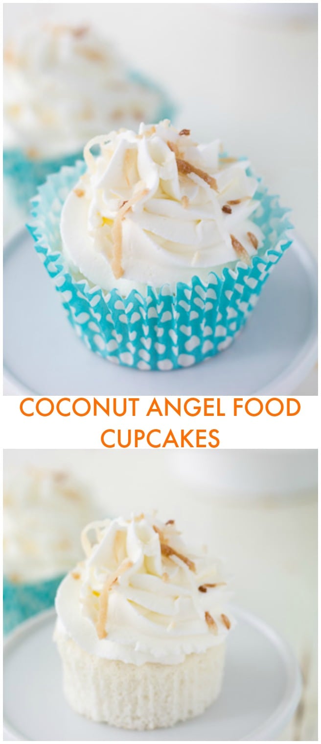 Light and airy coconut angel food cupcakes are topped with a coconut whipped cream frosting to make these delightful cupcakes!! 