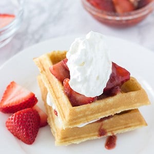Coconut Waffles with Strawberry Rhubarb Compote