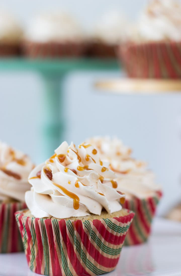 These Salted Caramel Apple Cupcakes are perfectly spiced apple cakes that are moist and fluffy with bites of apple and topped with caramel swiss meringue buttercream