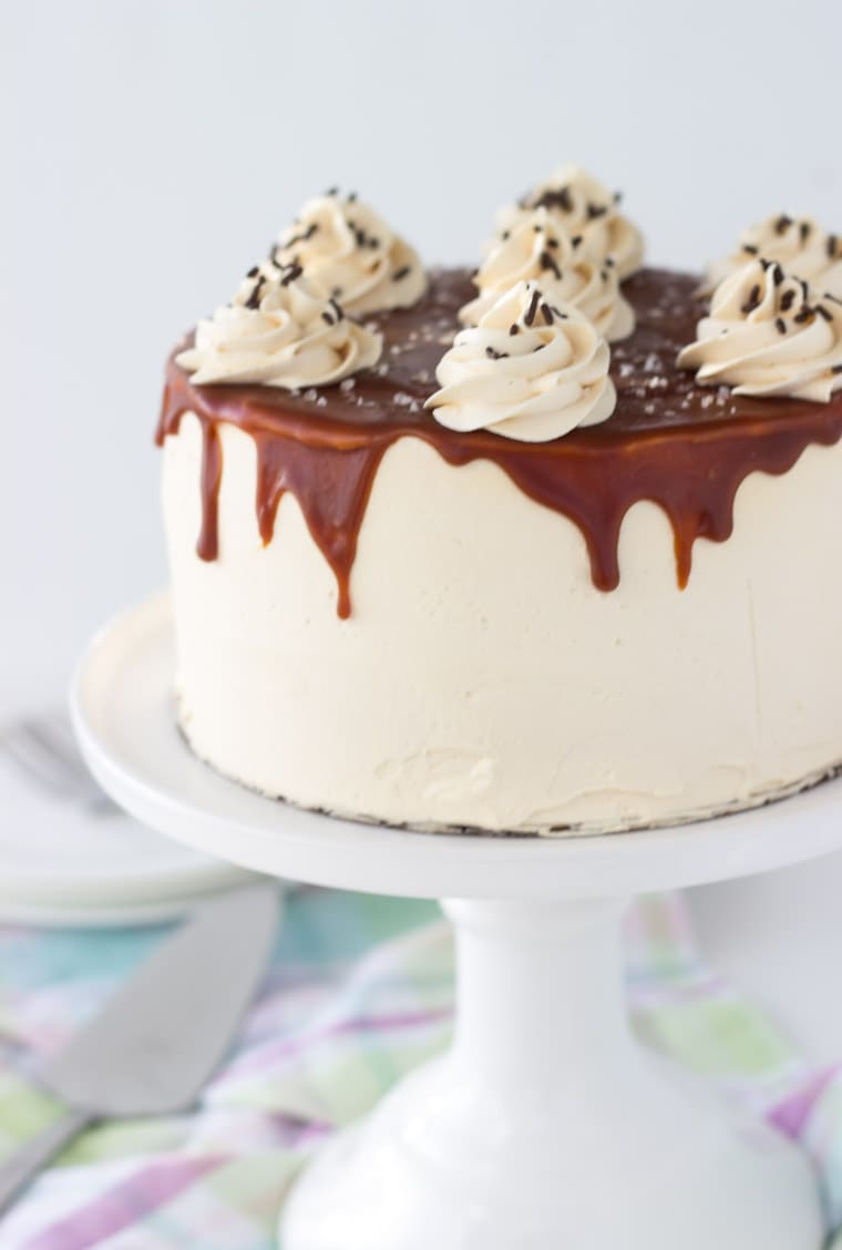 A decadent chocolate cake with salted caramel frosting