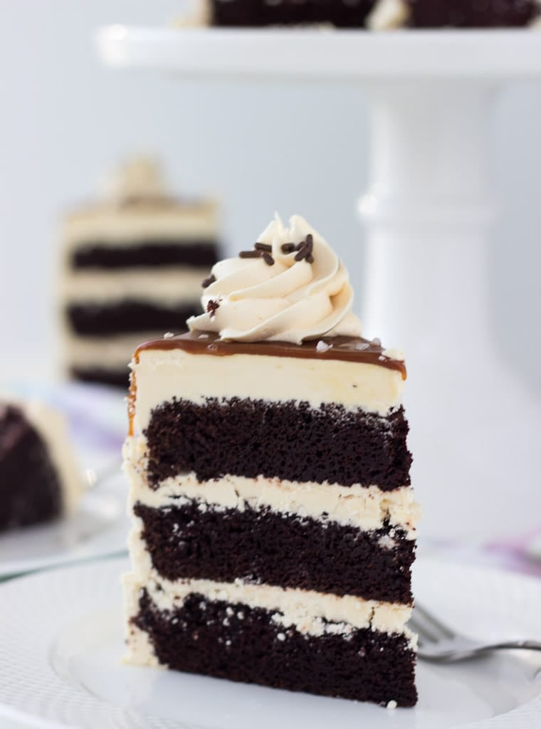 A decadent chocolate cake with salted caramel frosting