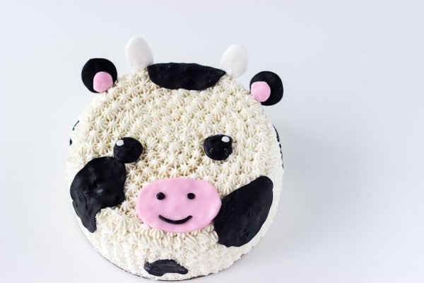 This Cow Cake tutorial makes for an easy and adorable fondant and frosting decorated cow cake; perfect for any cow-themed celebration. Get the recipe on BlahnikBaker.com