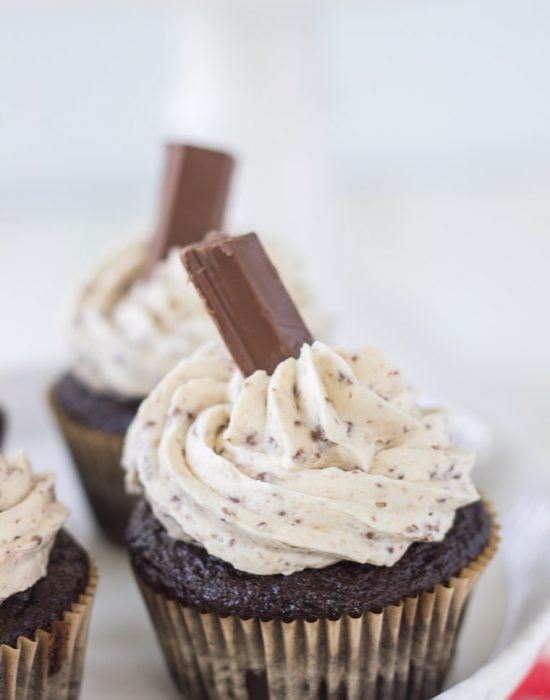Kit Kat cupcakes are a great Halloween treat! A moist chocolate cupcake, frosted with a whipped Kit Kat candy bar buttercream.