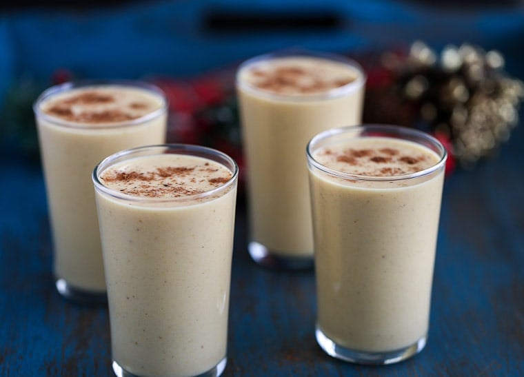 Homemade pumpkin eggnog recipe with a splash of bourbon - creamy, delicious and warm! 